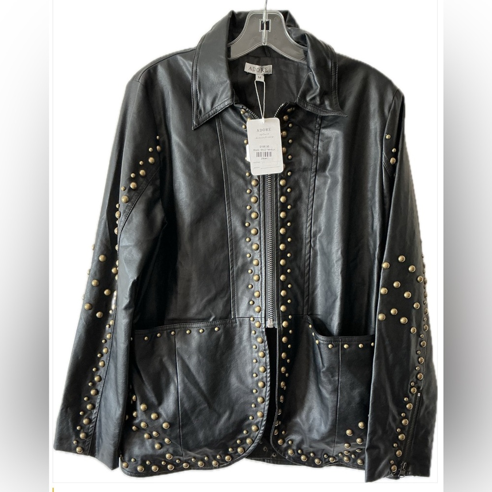 NWT Luxury Brand: Adore - Black Leather Jacket with Gold Studs Size Medium
